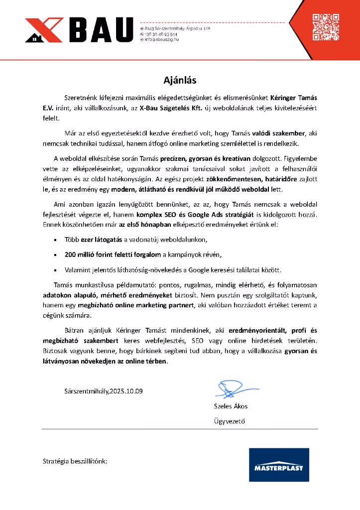 X-Bau ügyfél ajánlólevél