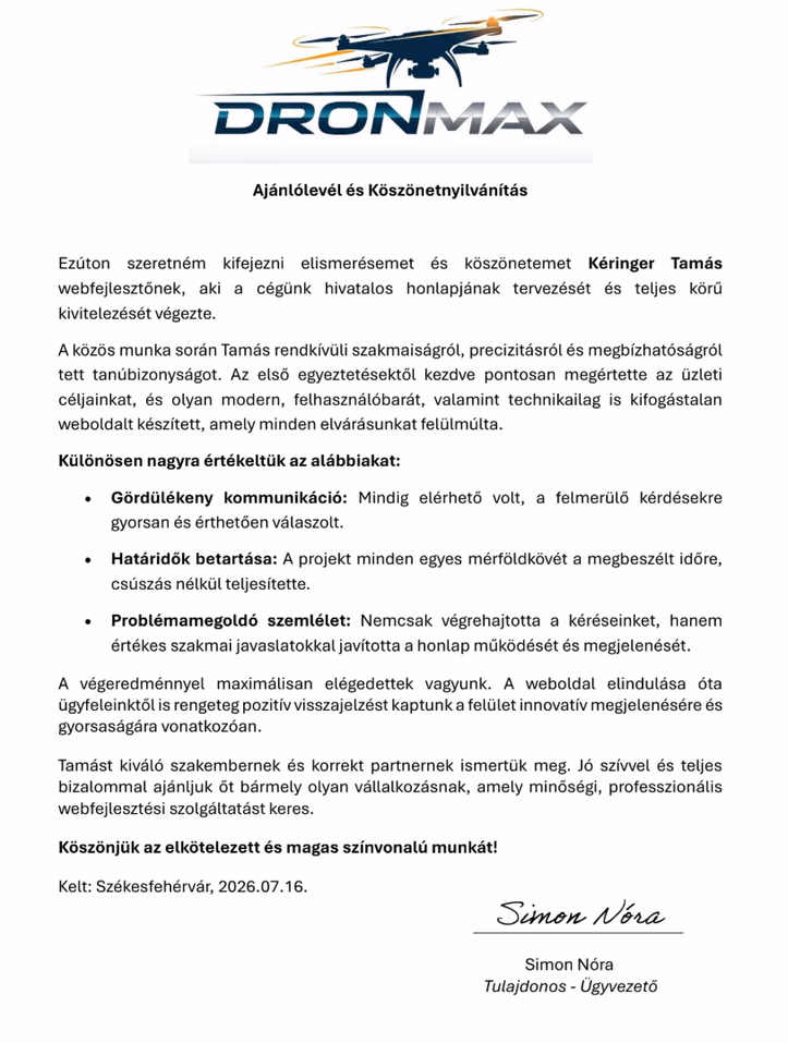 DronMax ügyfél ajánlólevél